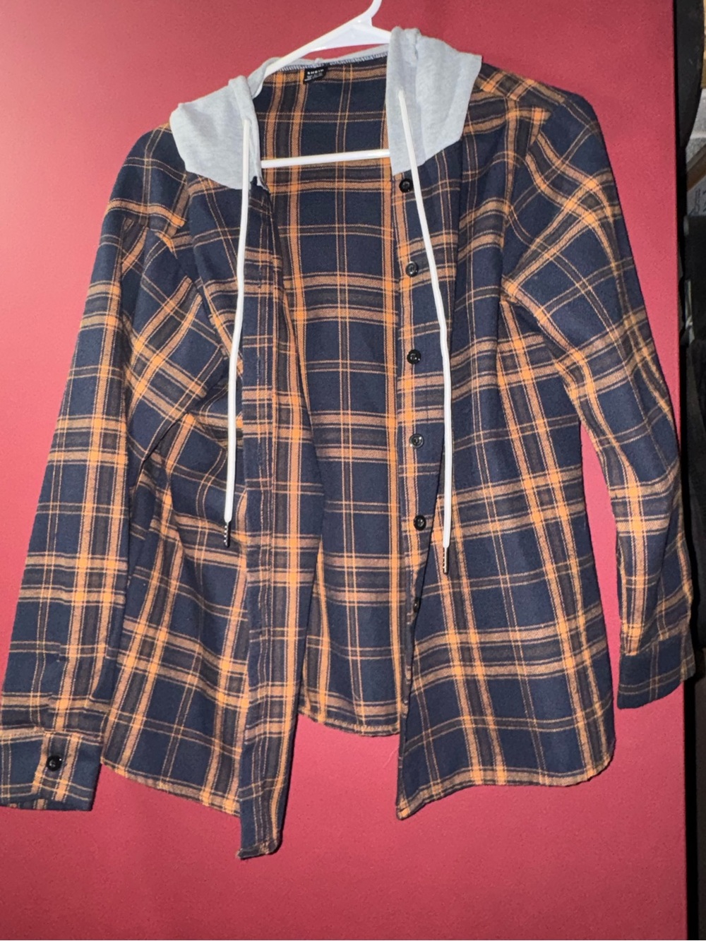 SHEIN Navy and Orange Plaid Hooded Flannel Jacket